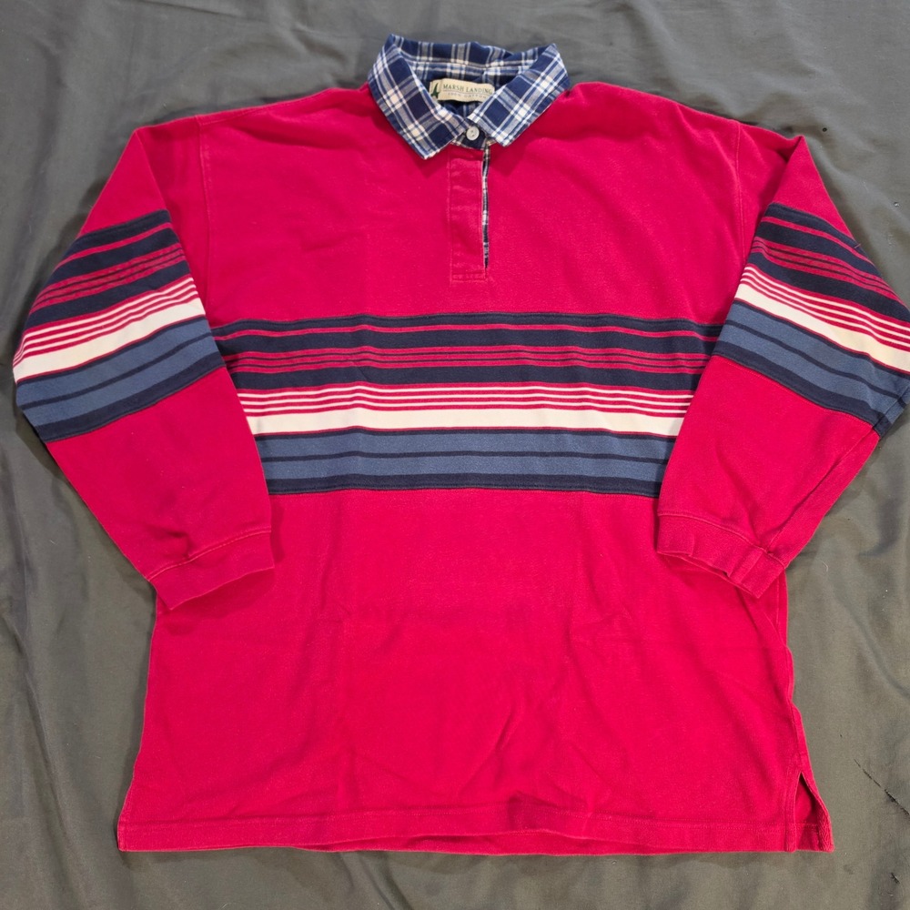 Marsh Landing Mens Red Striped Long Sleeve Polo Shirt Plaid Collar Medium